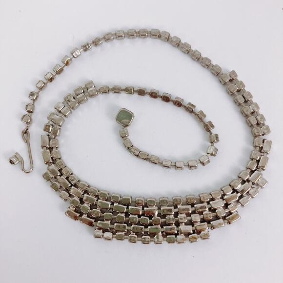 Vintage 1950s Clear Rhinestone Choker Necklace Mid Century Silver Tone Cocktail - Picture 9 of 12